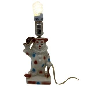 Vintage Lane & Co Ceramic Clown Table Lamp Polka Dot Mid Century Kitsch White